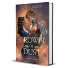 Crown of Dust hardback book cover with character art of king and woman facing each other