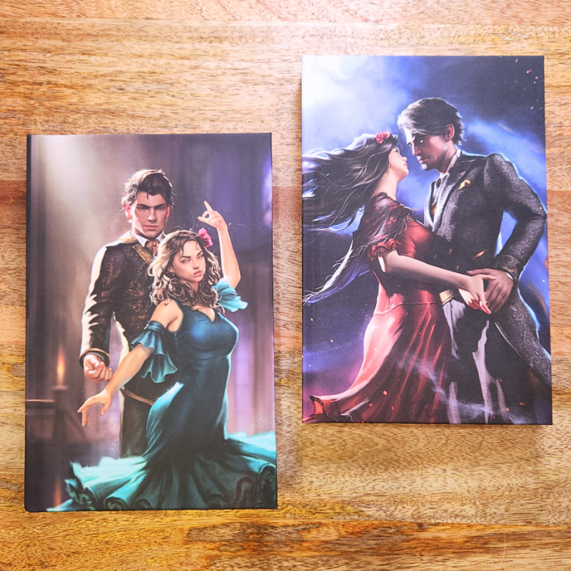Hardcover case design of two standalone fantasy romance books featuring hand-drawn character art of the couples.