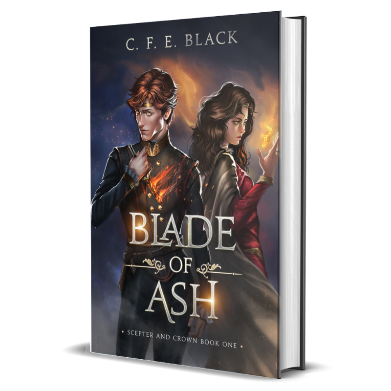 Blade of Ash hardback YA epic fantasy book cover with character art of a king and a woman holding a magical flame