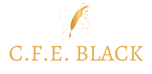 C.F.E. Black fantasy author logo magical quill