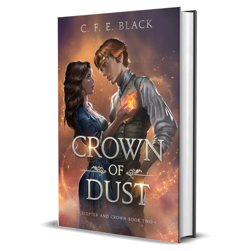 Crown of Dust hardback book cover with character art of king and woman facing each other