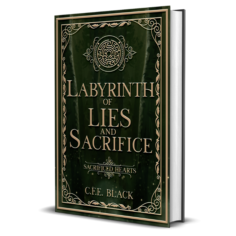 Labyrinth of Lies and Sacrifice hardback cover art with maze design