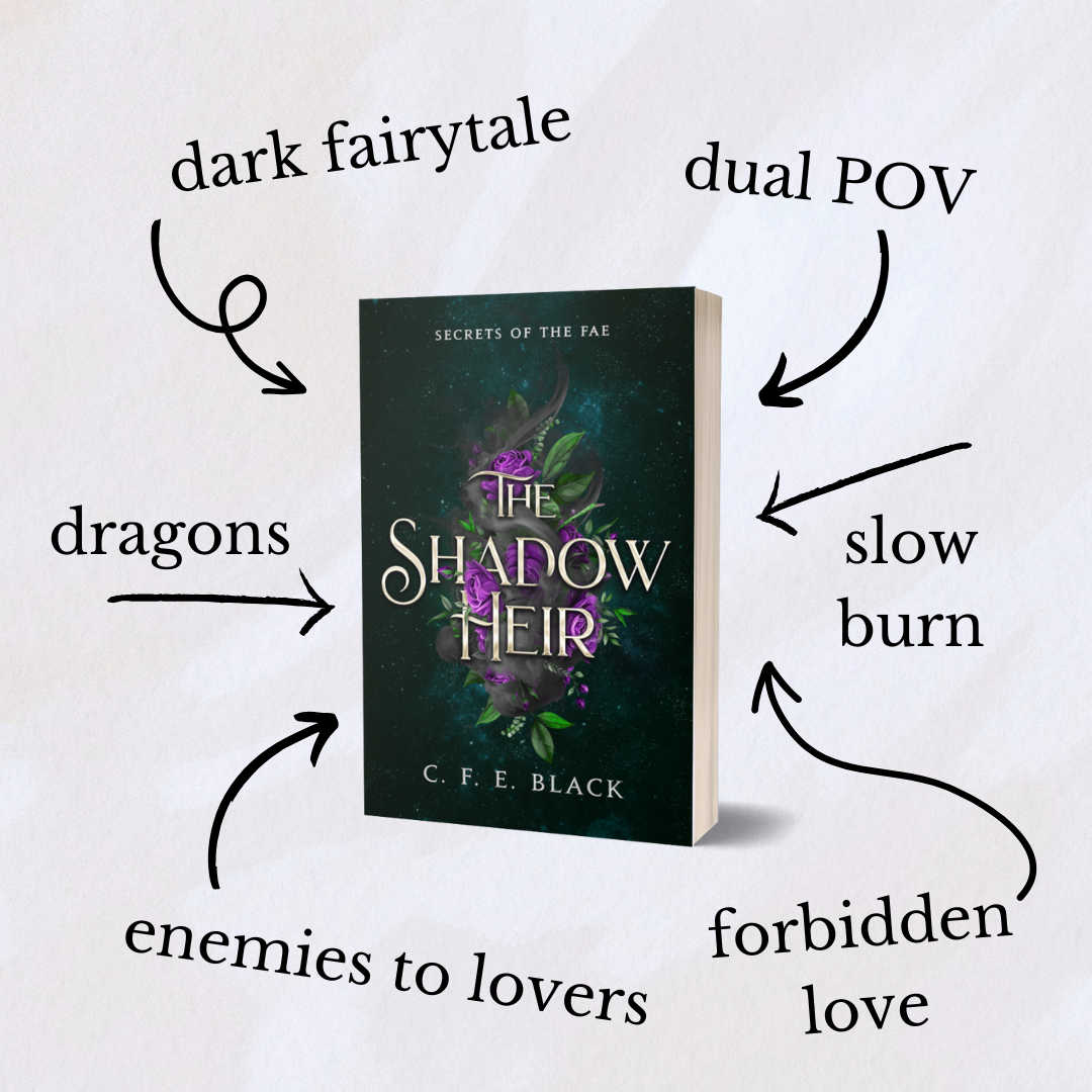 Standalone Romantasy Book titled 'The Shadow Heir' by C. F. E. Black with book tropes listed around it on a light background
