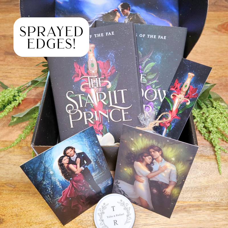 Collection of two no-spice fantasy romance books titled 'The Starlit Prince' and 'The Shadow Heir' with a decorative book box, character art, and bookish items such as a candle. 