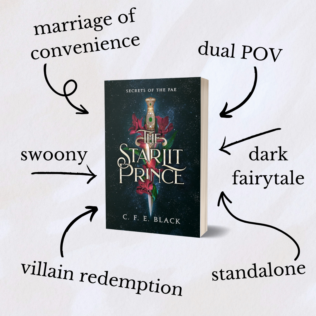 Standalone Romantasy Book titled 'The Starlit Prince' by C. F. E. Black with tropes listed on a light background